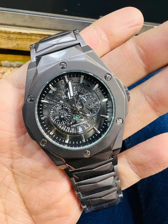 HUBLOTE MENS COLLECTION MOST DEMANDED ITEM BIG BANG model master belt watches for men and boy best quality with metal dial premium look water resistant Man's Watch - Hublote Chronograph Quartz Watch - Man's leather straps master lock Watch