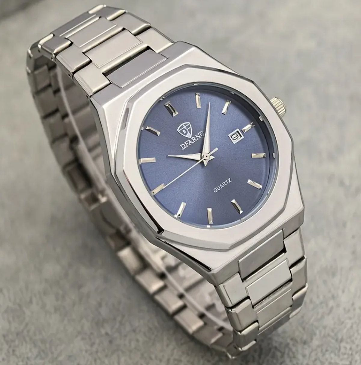 DFARNIO Luxury Blue Dial Stainless Steel Watch – Octagonal Case Quartz Wristwatch for Men with Date Display