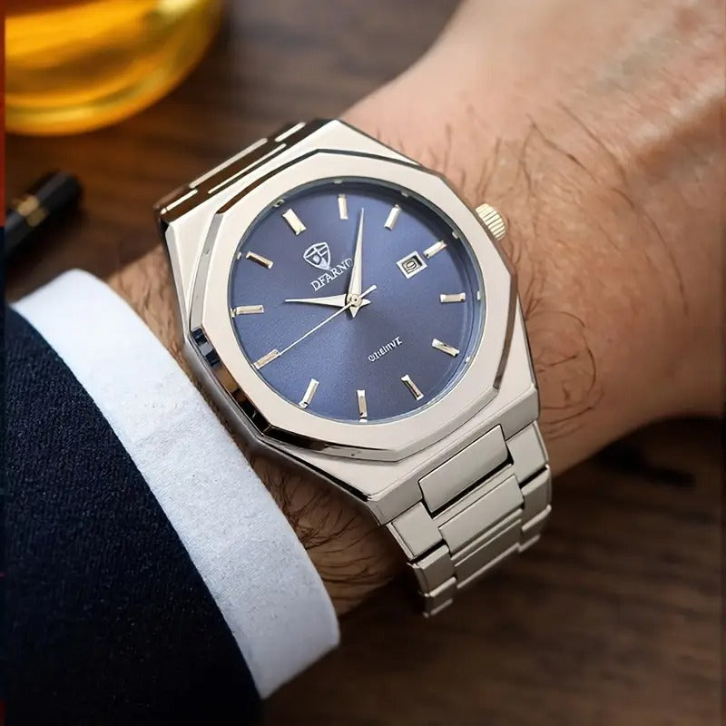 DFARNIO Luxury Blue Dial Stainless Steel Watch – Octagonal Case Quartz Wristwatch for Men with Date Display